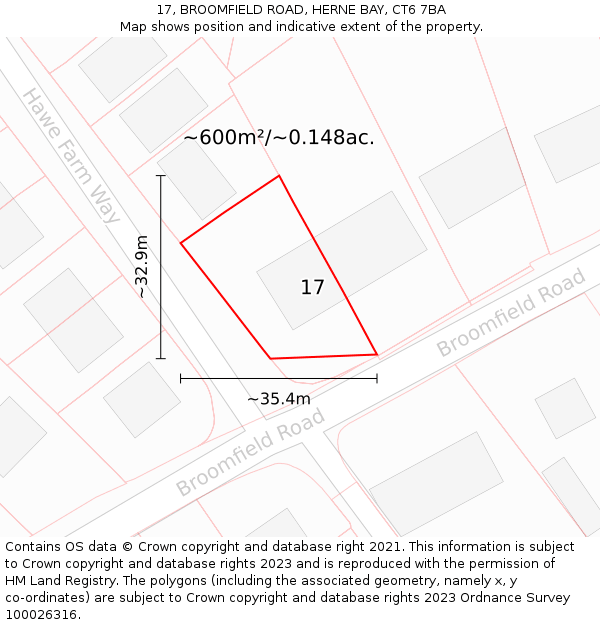 17, BROOMFIELD ROAD, HERNE BAY, CT6 7BA: Plot and title map