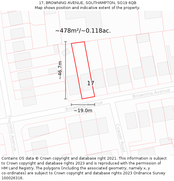 17, BROWNING AVENUE, SOUTHAMPTON, SO19 6QB: Plot and title map