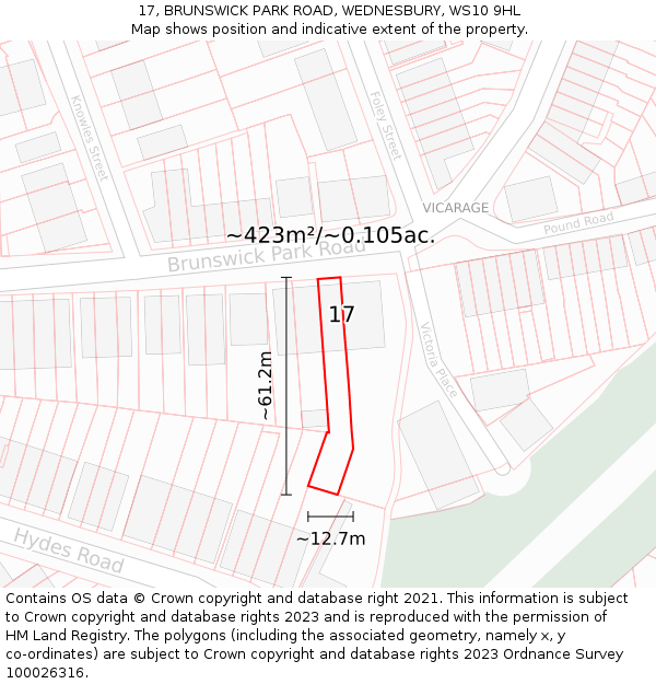 17, BRUNSWICK PARK ROAD, WEDNESBURY, WS10 9HL: Plot and title map