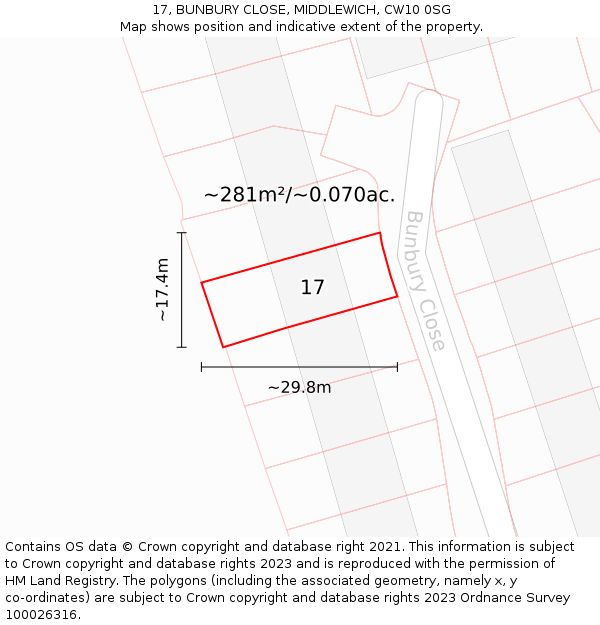 17, BUNBURY CLOSE, MIDDLEWICH, CW10 0SG: Plot and title map