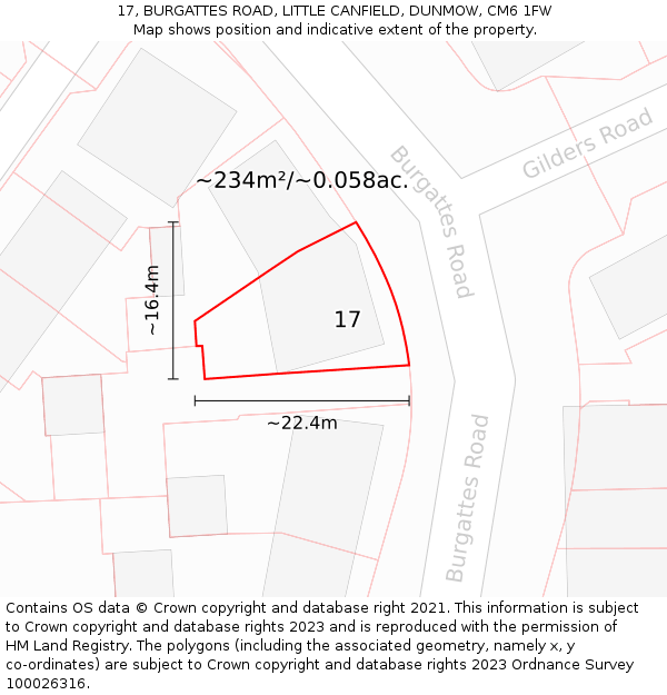 17, BURGATTES ROAD, LITTLE CANFIELD, DUNMOW, CM6 1FW: Plot and title map