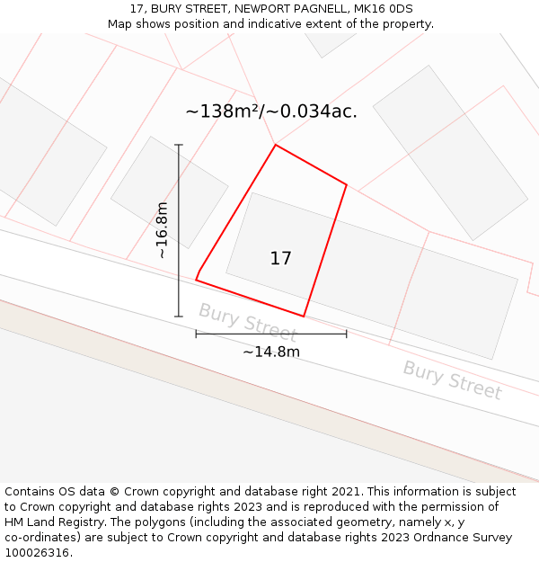 17, BURY STREET, NEWPORT PAGNELL, MK16 0DS: Plot and title map