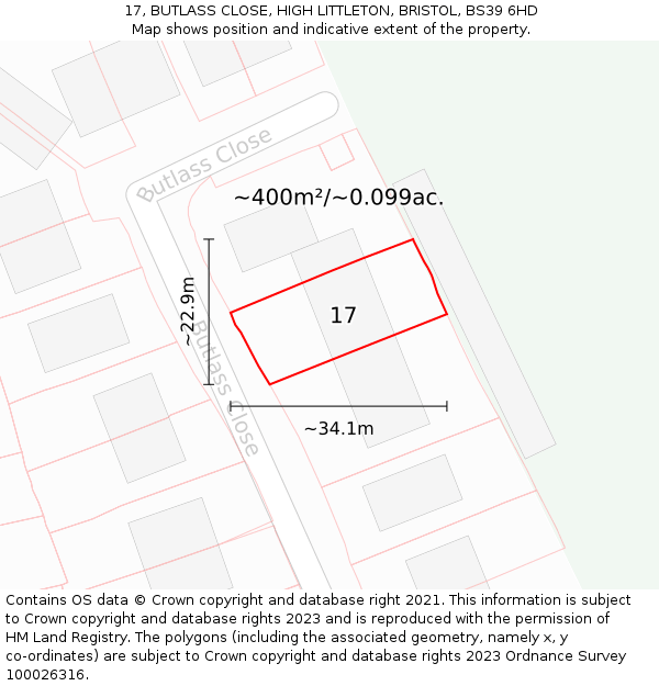 17, BUTLASS CLOSE, HIGH LITTLETON, BRISTOL, BS39 6HD: Plot and title map