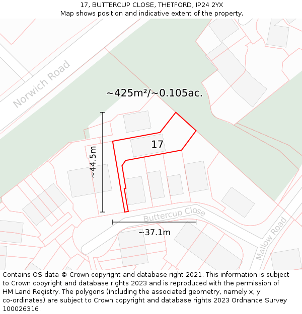 17, BUTTERCUP CLOSE, THETFORD, IP24 2YX: Plot and title map