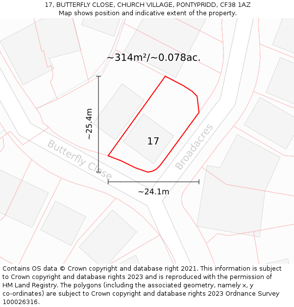 17, BUTTERFLY CLOSE, CHURCH VILLAGE, PONTYPRIDD, CF38 1AZ: Plot and title map