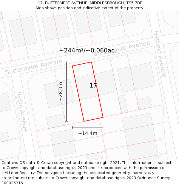 17, BUTTERMERE AVENUE, MIDDLESBROUGH, TS5 7BE: Plot and title map