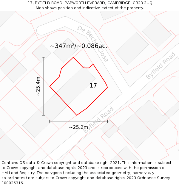 17, BYFIELD ROAD, PAPWORTH EVERARD, CAMBRIDGE, CB23 3UQ: Plot and title map