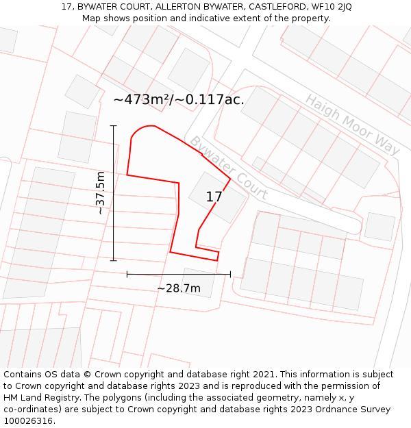 17, BYWATER COURT, ALLERTON BYWATER, CASTLEFORD, WF10 2JQ: Plot and title map