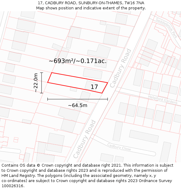 17, CADBURY ROAD, SUNBURY-ON-THAMES, TW16 7NA: Plot and title map