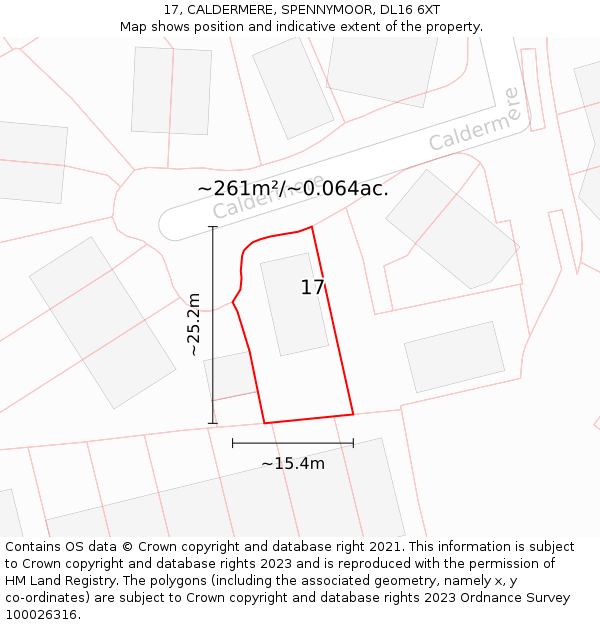 17, CALDERMERE, SPENNYMOOR, DL16 6XT: Plot and title map