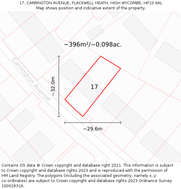 17, CARRINGTON AVENUE, FLACKWELL HEATH, HIGH WYCOMBE, HP10 9AL: Plot and title map