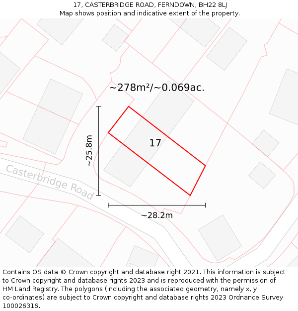 17, CASTERBRIDGE ROAD, FERNDOWN, BH22 8LJ: Plot and title map