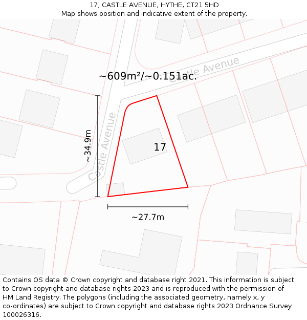 17, CASTLE AVENUE, HYTHE, CT21 5HD: Plot and title map