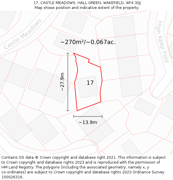 17, CASTLE MEADOWS, HALL GREEN, WAKEFIELD, WF4 3QJ: Plot and title map
