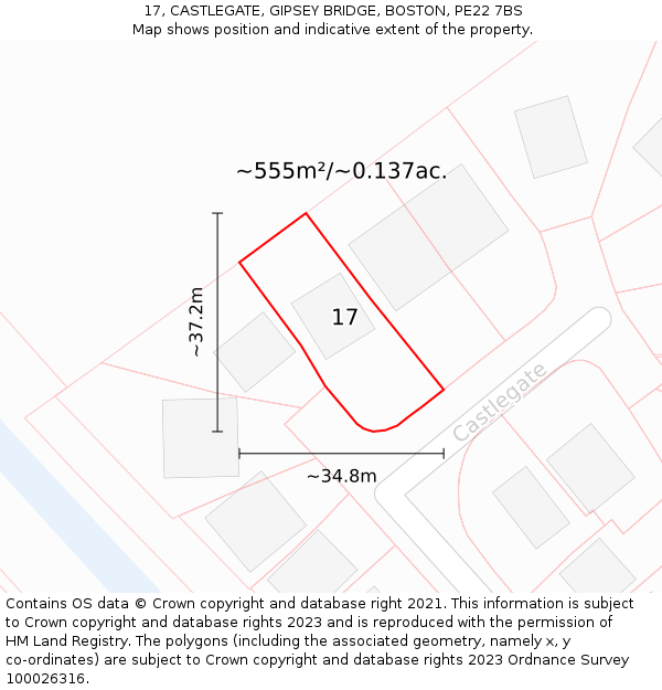 17, CASTLEGATE, GIPSEY BRIDGE, BOSTON, PE22 7BS: Plot and title map