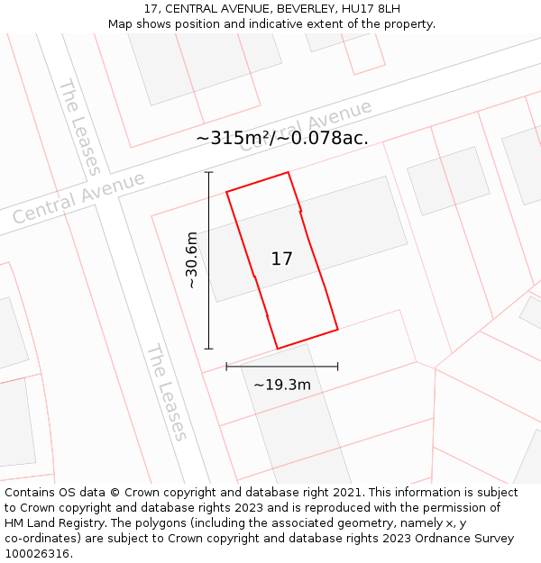 17, CENTRAL AVENUE, BEVERLEY, HU17 8LH: Plot and title map