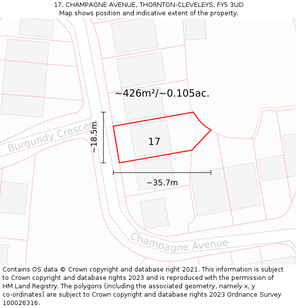 17, CHAMPAGNE AVENUE, THORNTON-CLEVELEYS, FY5 3UD: Plot and title map