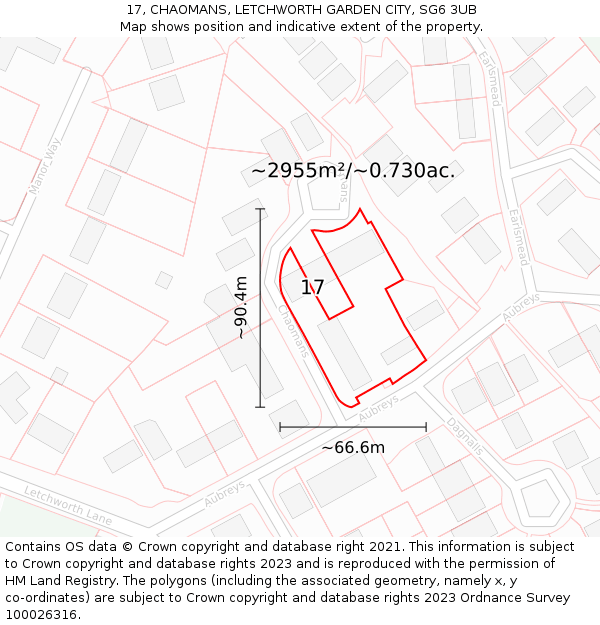 17, CHAOMANS, LETCHWORTH GARDEN CITY, SG6 3UB: Plot and title map