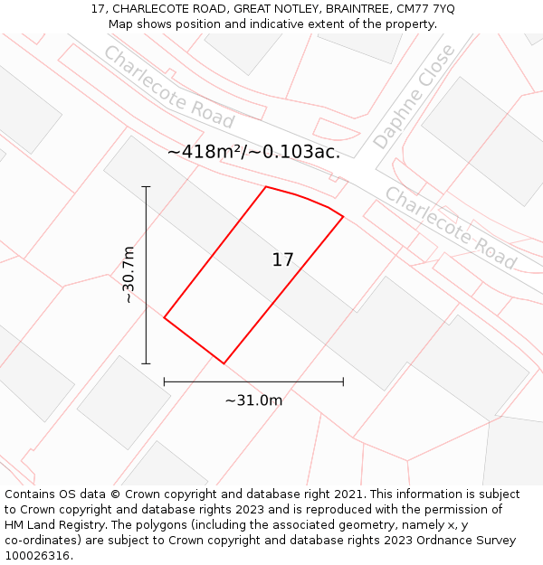 17, CHARLECOTE ROAD, GREAT NOTLEY, BRAINTREE, CM77 7YQ: Plot and title map