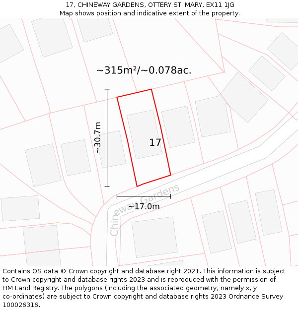 17, CHINEWAY GARDENS, OTTERY ST. MARY, EX11 1JG: Plot and title map