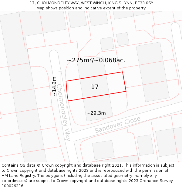 17, CHOLMONDELEY WAY, WEST WINCH, KING'S LYNN, PE33 0SY: Plot and title map