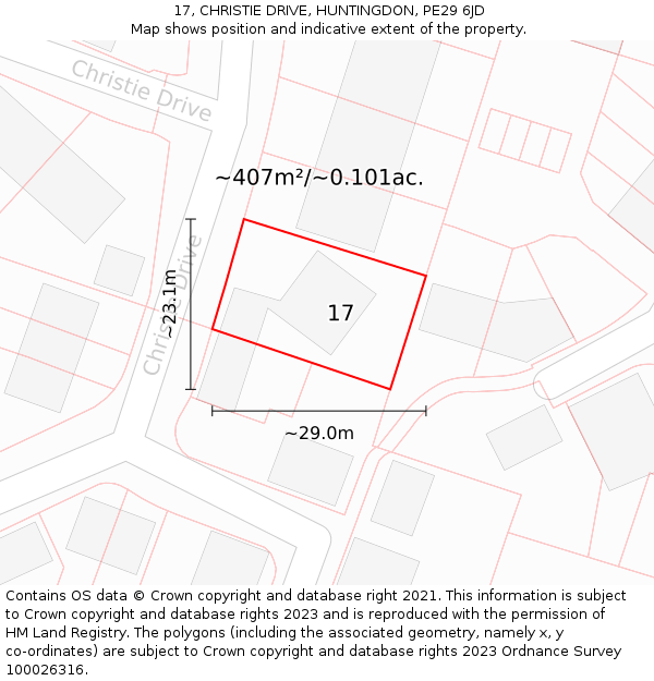 17, CHRISTIE DRIVE, HUNTINGDON, PE29 6JD: Plot and title map