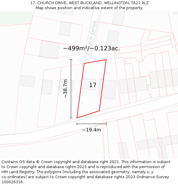 17, CHURCH DRIVE, WEST BUCKLAND, WELLINGTON, TA21 9LZ: Plot and title map