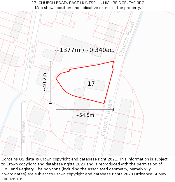 17, CHURCH ROAD, EAST HUNTSPILL, HIGHBRIDGE, TA9 3PG: Plot and title map