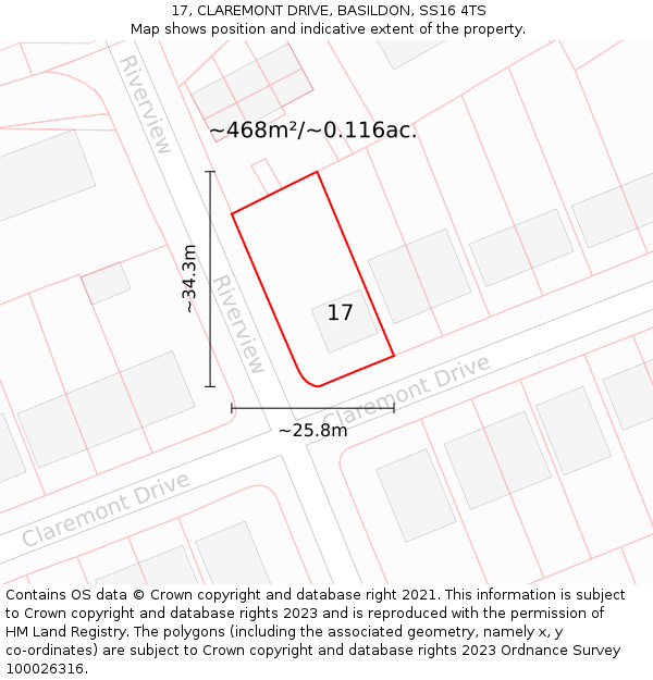 17, CLAREMONT DRIVE, BASILDON, SS16 4TS: Plot and title map