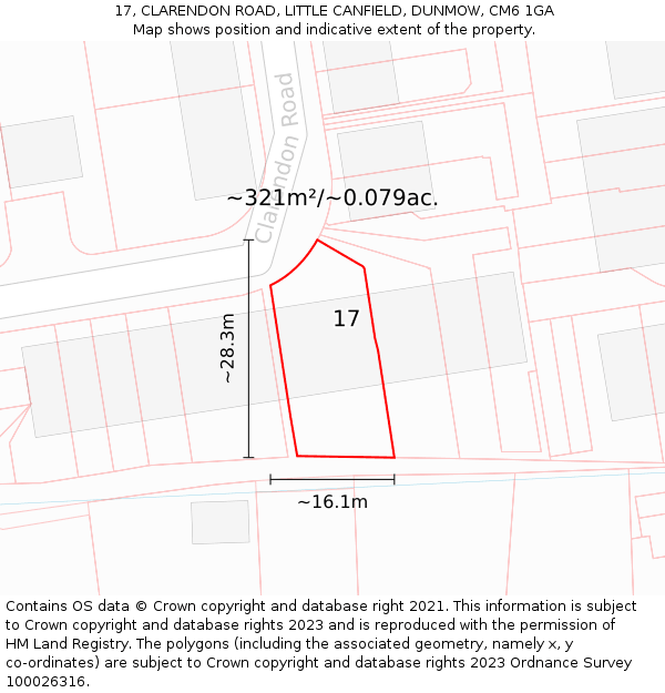 17, CLARENDON ROAD, LITTLE CANFIELD, DUNMOW, CM6 1GA: Plot and title map