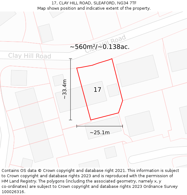 17, CLAY HILL ROAD, SLEAFORD, NG34 7TF: Plot and title map