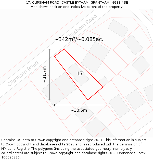 17, CLIPSHAM ROAD, CASTLE BYTHAM, GRANTHAM, NG33 4SE: Plot and title map