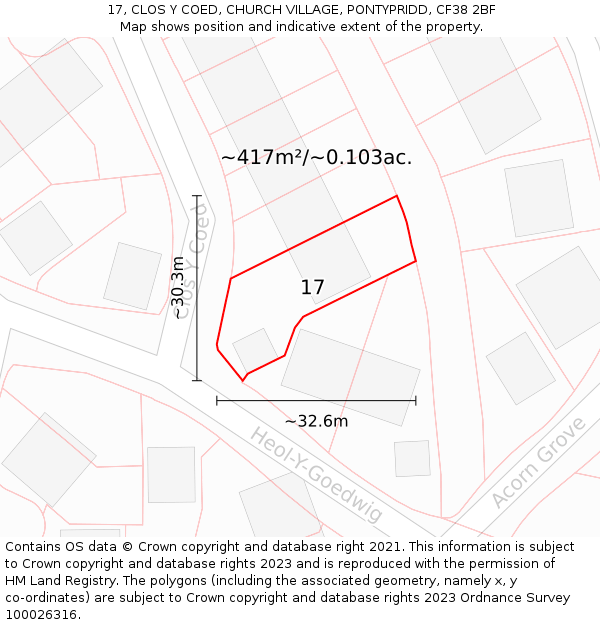 17, CLOS Y COED, CHURCH VILLAGE, PONTYPRIDD, CF38 2BF: Plot and title map