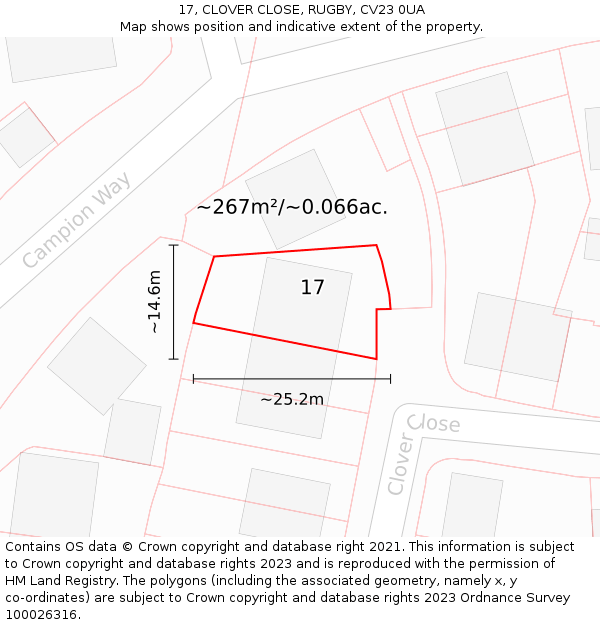 17, CLOVER CLOSE, RUGBY, CV23 0UA: Plot and title map