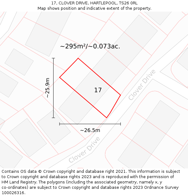 17, CLOVER DRIVE, HARTLEPOOL, TS26 0RL: Plot and title map