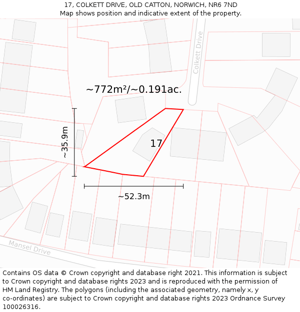 17, COLKETT DRIVE, OLD CATTON, NORWICH, NR6 7ND: Plot and title map