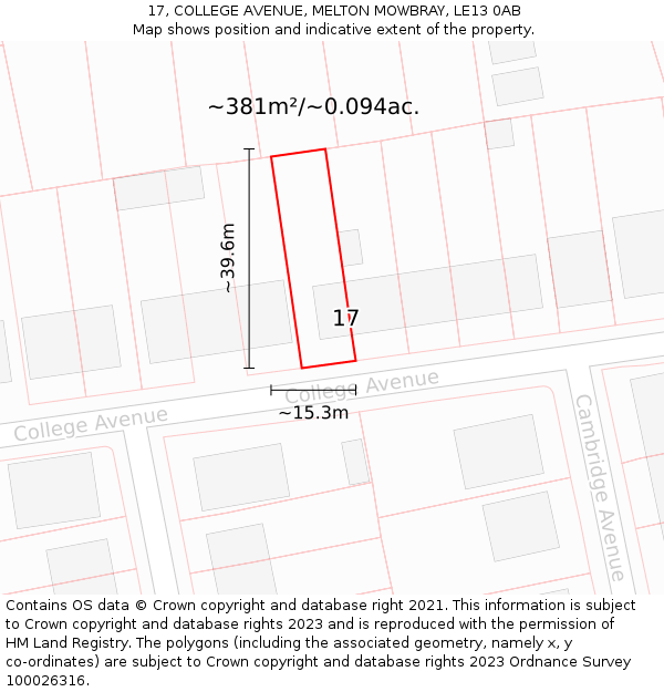 17, COLLEGE AVENUE, MELTON MOWBRAY, LE13 0AB: Plot and title map