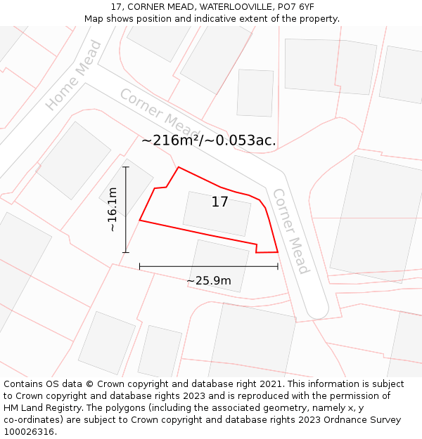 17, CORNER MEAD, WATERLOOVILLE, PO7 6YF: Plot and title map