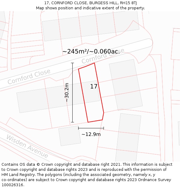 17, CORNFORD CLOSE, BURGESS HILL, RH15 8TJ: Plot and title map