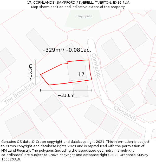 17, CORNLANDS, SAMPFORD PEVERELL, TIVERTON, EX16 7UA: Plot and title map