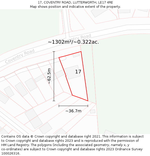 17, COVENTRY ROAD, LUTTERWORTH, LE17 4RE: Plot and title map