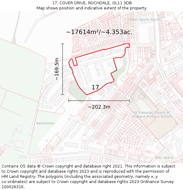 17, COVER DRIVE, ROCHDALE, OL11 3DB: Plot and title map