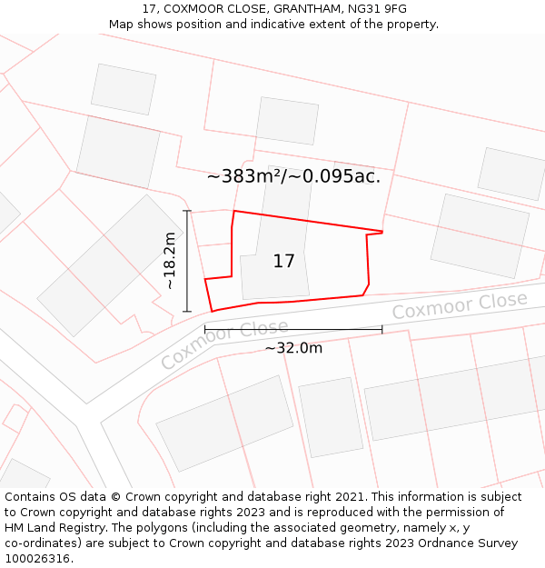 17, COXMOOR CLOSE, GRANTHAM, NG31 9FG: Plot and title map