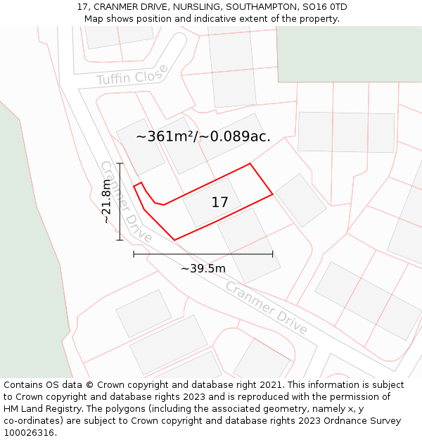 17, CRANMER DRIVE, NURSLING, SOUTHAMPTON, SO16 0TD: Plot and title map