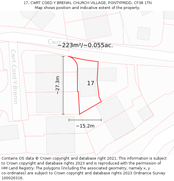 17, CWRT COED Y BRENIN, CHURCH VILLAGE, PONTYPRIDD, CF38 1TN: Plot and title map