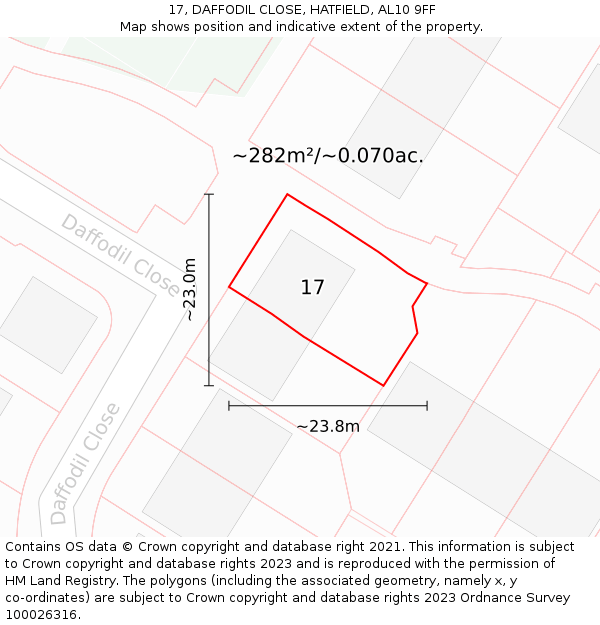 17, DAFFODIL CLOSE, HATFIELD, AL10 9FF: Plot and title map