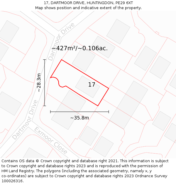 17, DARTMOOR DRIVE, HUNTINGDON, PE29 6XT: Plot and title map