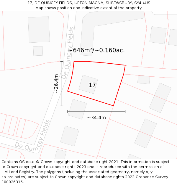 17, DE QUINCEY FIELDS, UPTON MAGNA, SHREWSBURY, SY4 4US: Plot and title map