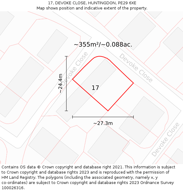 17, DEVOKE CLOSE, HUNTINGDON, PE29 6XE: Plot and title map