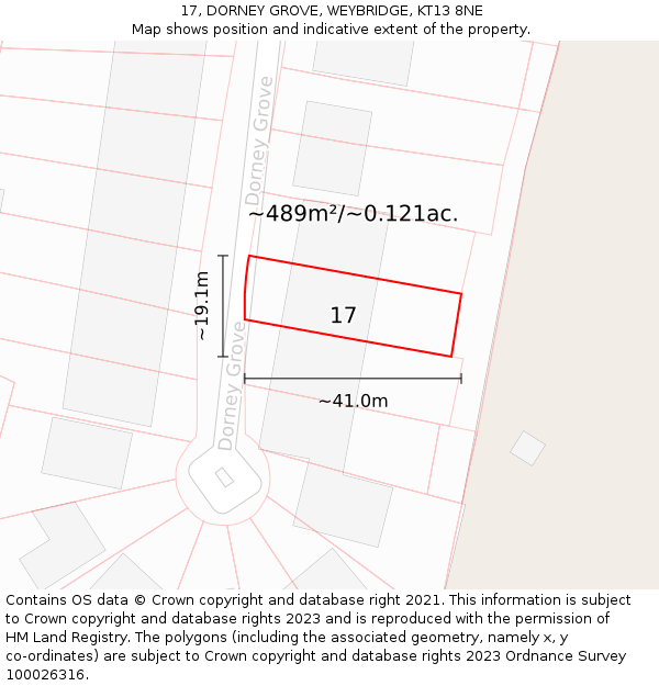 17, DORNEY GROVE, WEYBRIDGE, KT13 8NE: Plot and title map